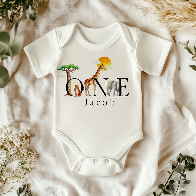 1st Birthday Safari Animals Personalised Baby Bodysuit - Little Lili Store