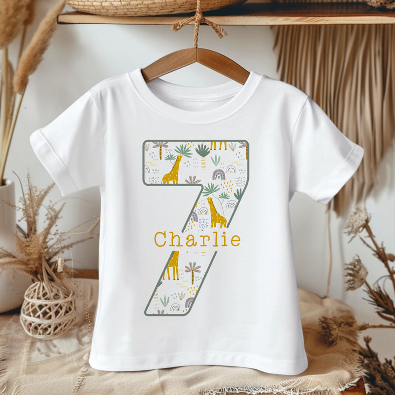 7th Birthday Giraffe Theme Personalised Kids T Shirt - Little Lili Store