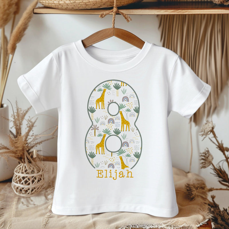 8th Birthday Giraffe Theme Personalised Kids T Shirt - Little Lili Store