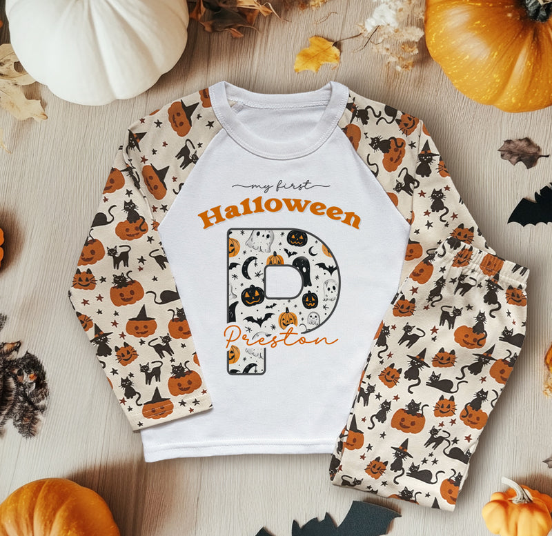 Halloween Pumpkin Ghosts Pattern Personalised Kids Pyjamas Set