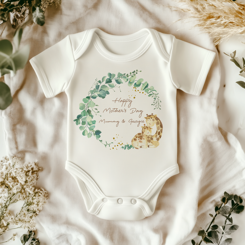 Giraffe Wreath Mother's Day Personalised Baby Bodysuit