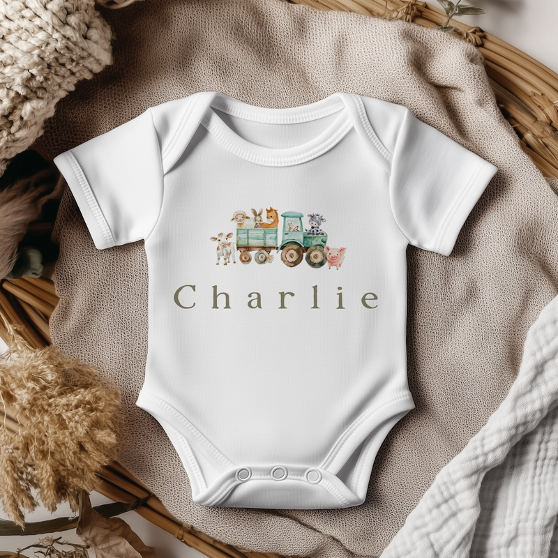 Farm Animals Tractor Personalised Baby Bodysuit