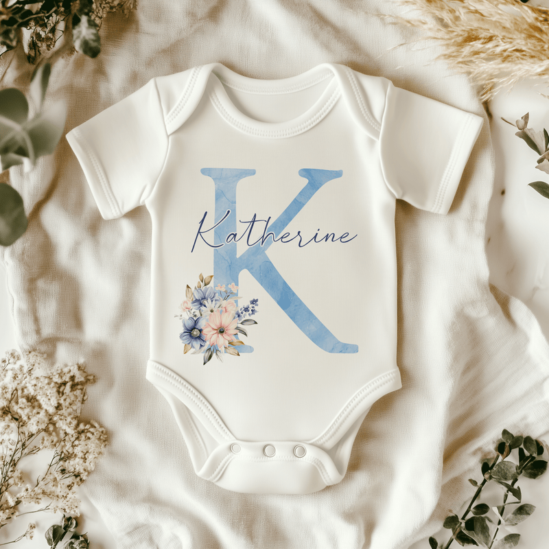 Boho Floral Blue Letter With Name Personalised Baby Bodysuit - Little Lili Store