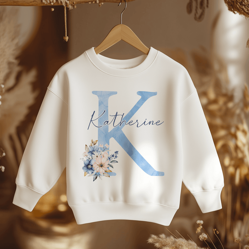 Boho Floral Blue Letter With Name Personalised Toddler & Kids Sweatshirt - Little Lili Store