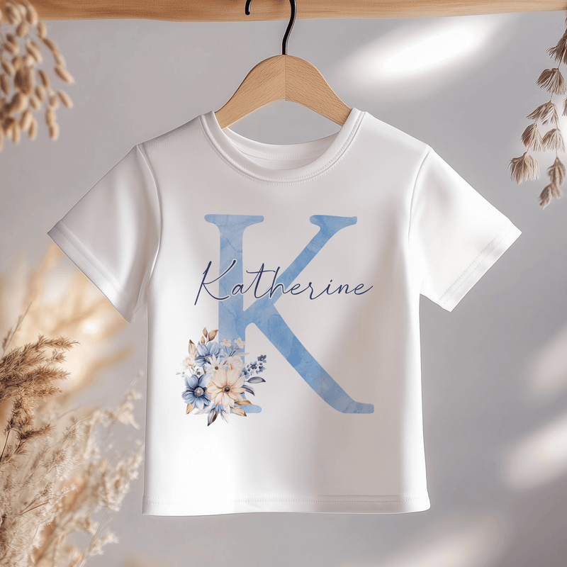 Boho Floral Blue Letter With Name Personalised Toddler & Kids T Shirt - Little Lili Store