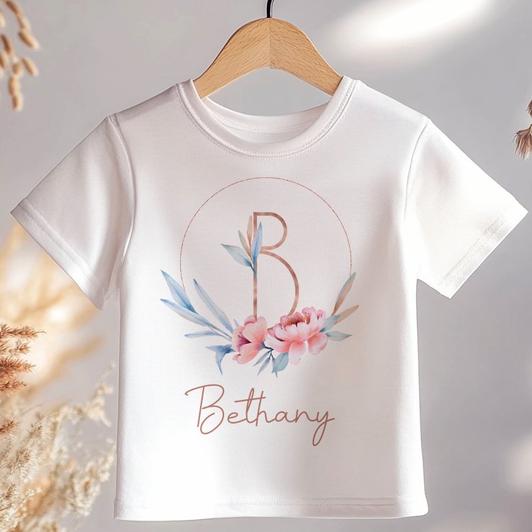 Boho Floral Girl Personalised Name With Initial Toddler & Kids T Shirt - Little Lili Store