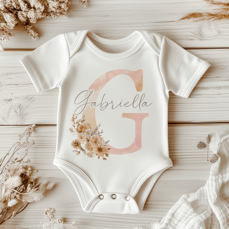 Boho Floral Peach Letter With Name Personalised Baby Bodysuit - Little Lili Store