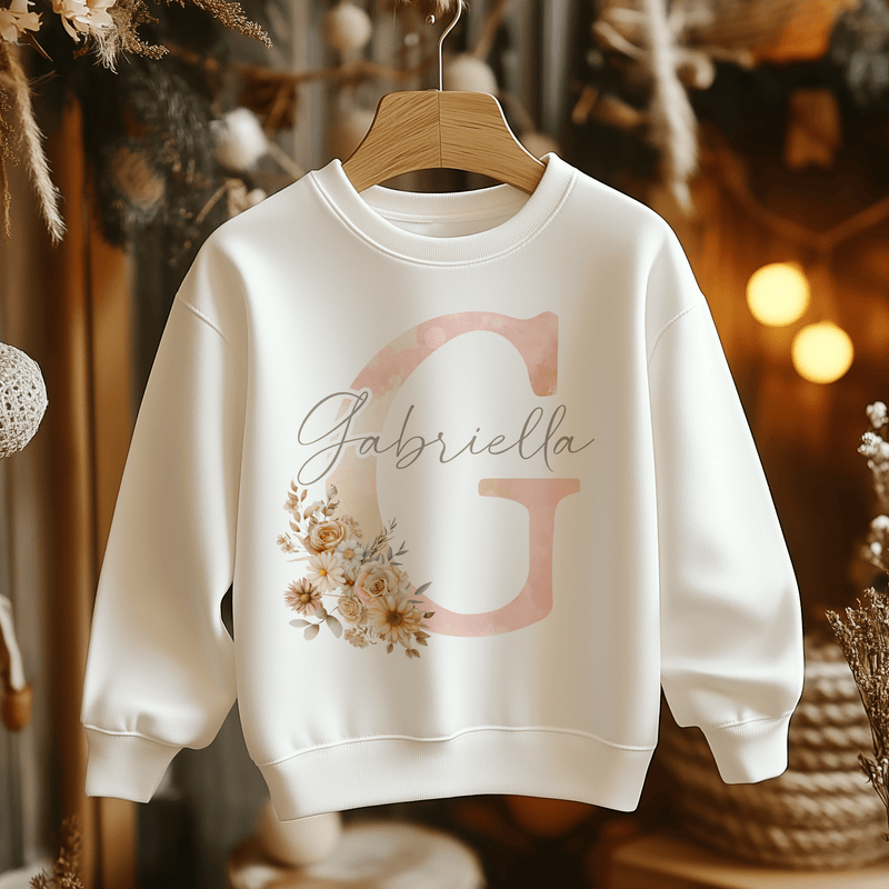 Boho Floral Peach Letter With Name Personalised Toddler & Kids Sweatshirt - Little Lili Store