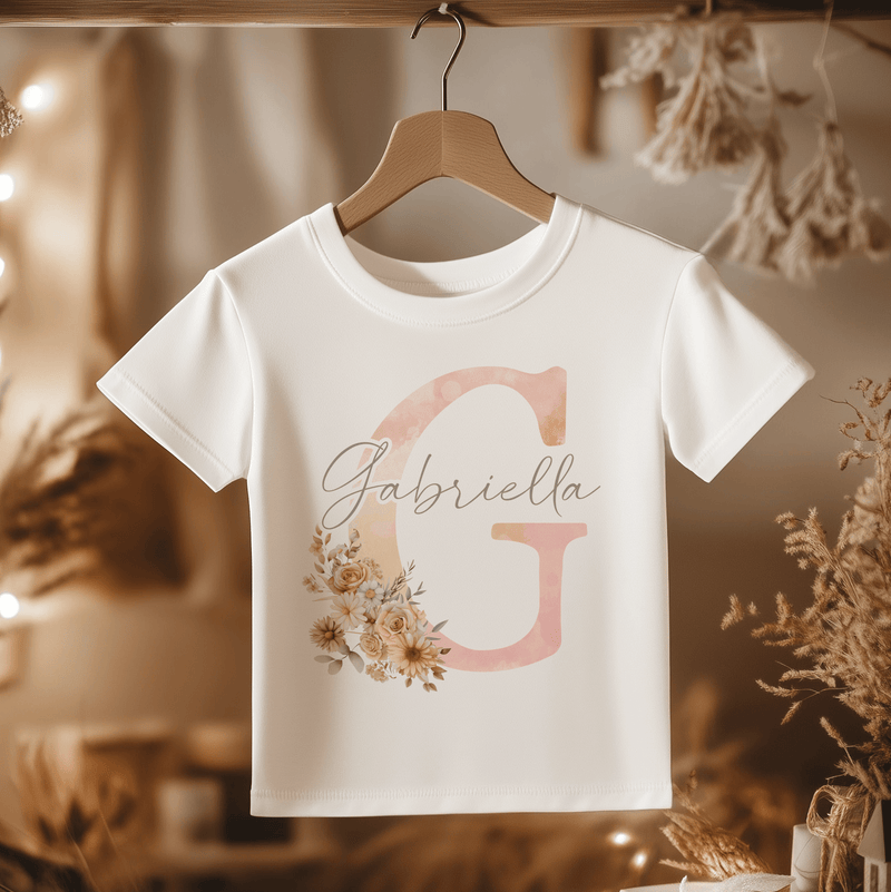 Boho Floral Peach Letter With Name Personalised Toddler & Kids T Shirt - Little Lili Store