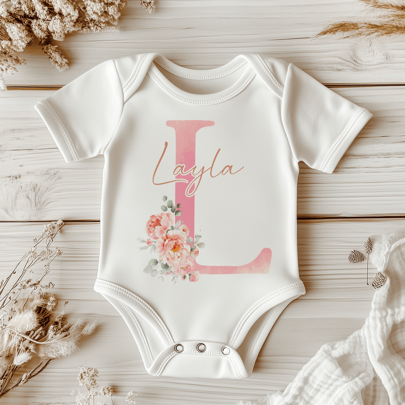 Boho Floral Pink Letter With Name Personalised Baby Bodysuit - Little Lili Store