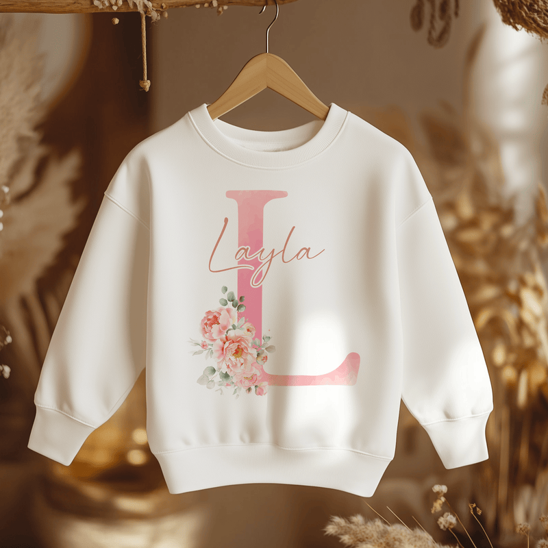 Boho Floral Pink Letter With Name Personalised Toddler & Kids Sweatshirt - Little Lili Store