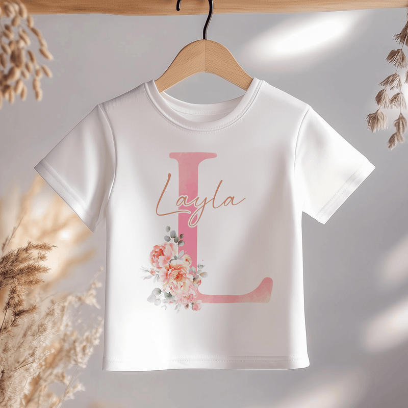 Boho Floral Pink Letter With Name Personalised Toddler & Kids T Shirt - Little Lili Store