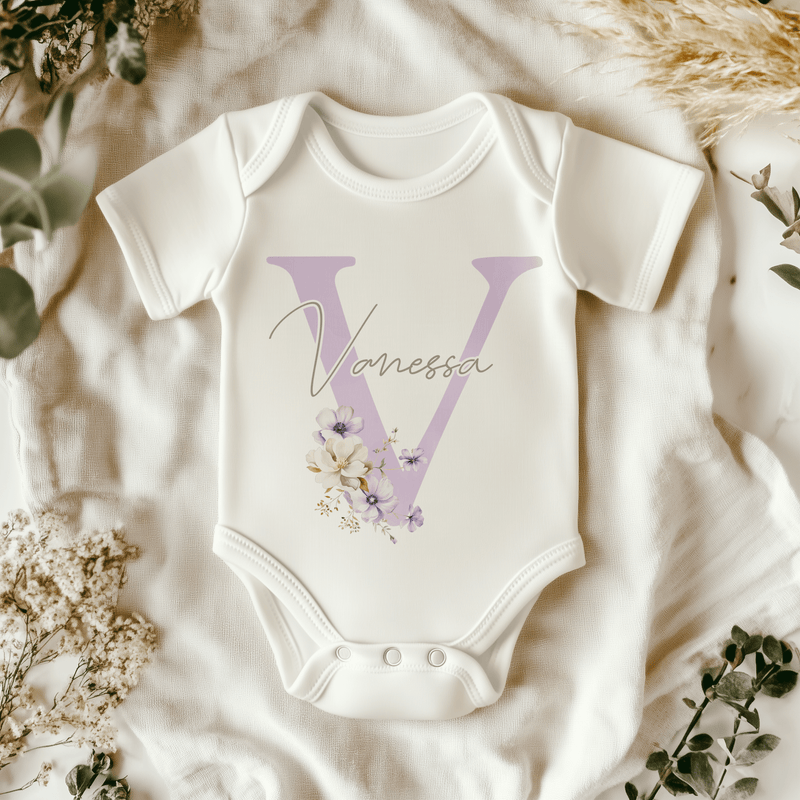 Boho Floral Violet Letter With Name Personalised Baby Bodysuit - Little Lili Store