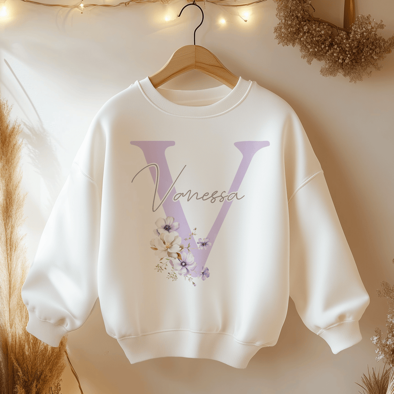 Boho Floral Violet Letter With Name Personalised Toddler & Kids Sweatshirt - Little Lili Store