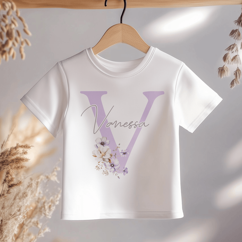 Boho Floral Violet Letter With Name Personalised Toddler & Kids T Shirt - Little Lili Store