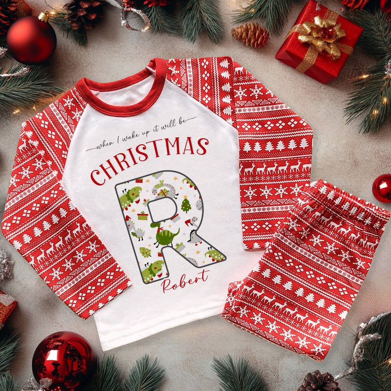 Christmas Dinosaur Pattern Personalised Kids Pyjamas Set - Little Lili Store