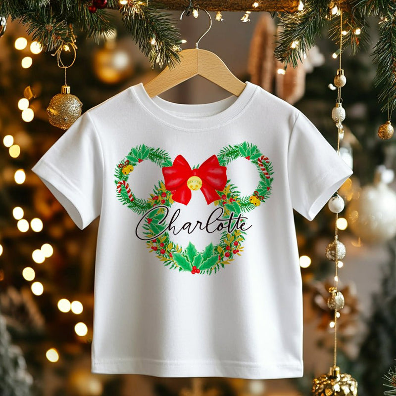 Christmas Mouse Wreath Personalised Toddler & Kids T Shirt - Little Lili Store