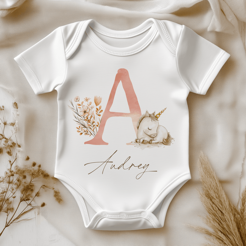 Cute Unicorn With Initial Personalised Baby Bodysuit - Little Lili Store