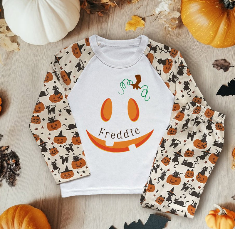 Halloween Pumpkin Face Personalised Kids Pyjamas Set - Little Lili Store