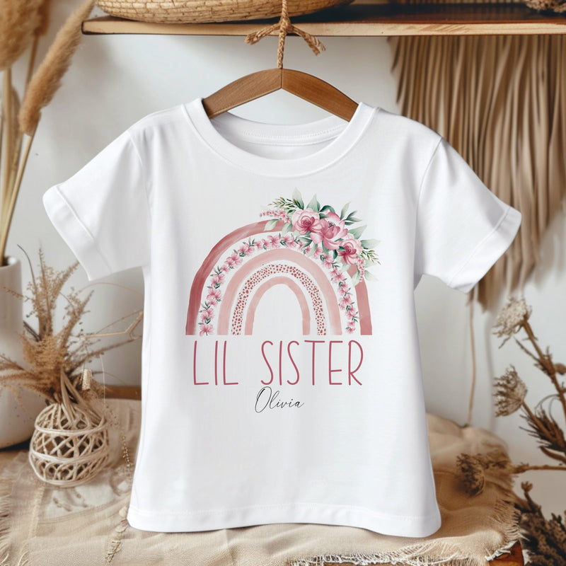 Lil Sister Pink Boho Rainbow Personalised Toddler & Kids T Shirt - Little Lili Store