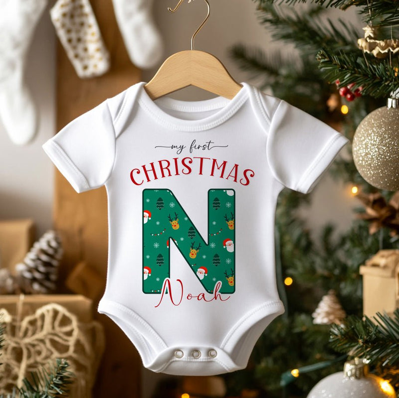 My First Christmas Green Pattern Personalised Baby Bodysuit - Little Lili Store