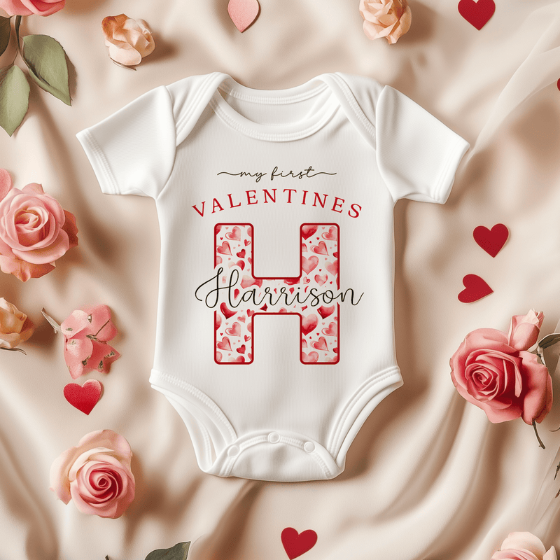 My First Valentines Heart Pattern Personalised Baby Bodysuit - Little Lili Store