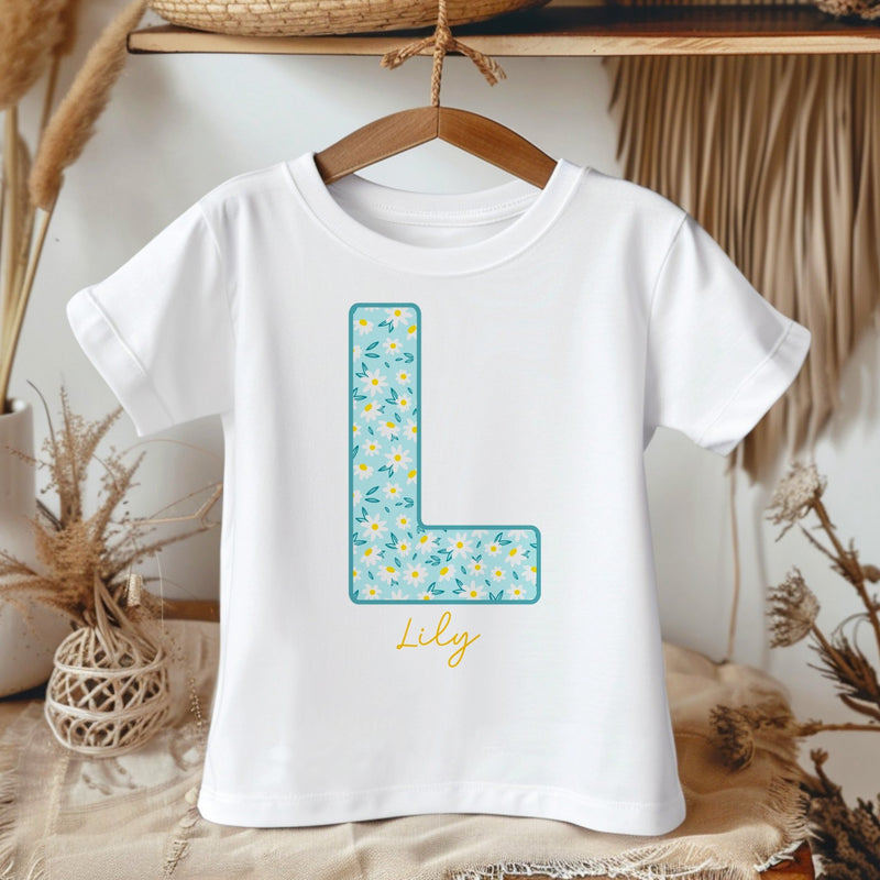 Personalised Name Blue Flowers Pattern Toddler & Kids T Shirt - Little Lili Store