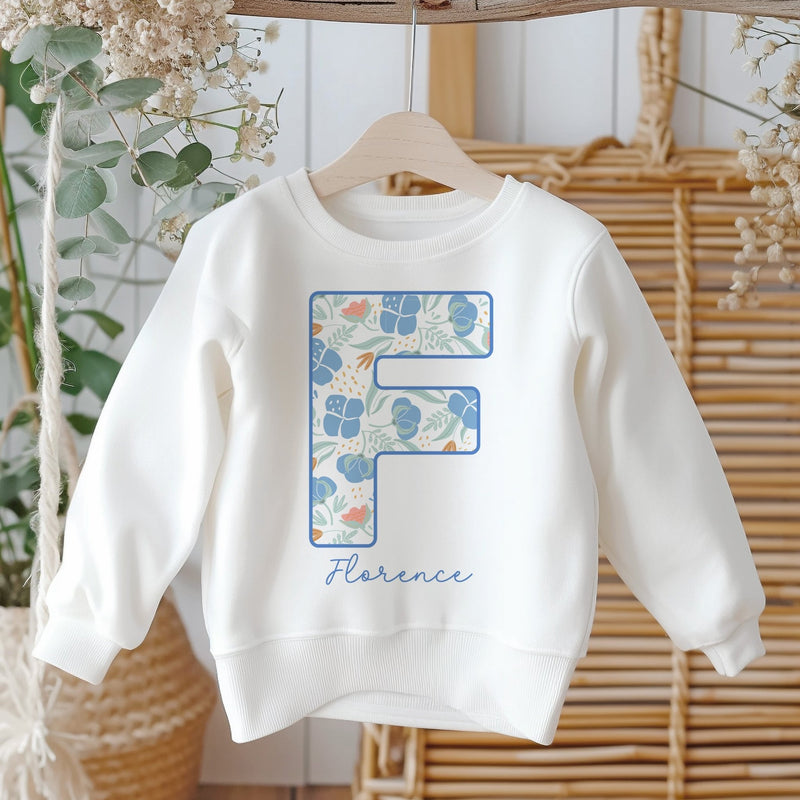 Personalised Name Blue Flowers Theme Toddler & Kids Sweatshirt - Little Lili Store