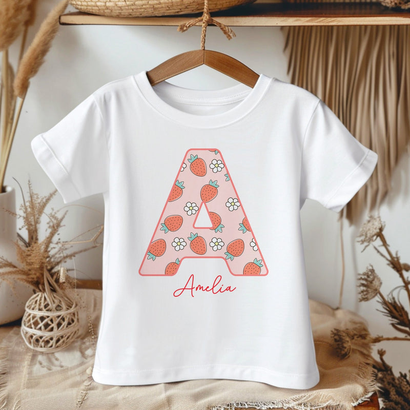 Personalised Name Strawberry Pattern Toddler & Kids T Shirt - Little Lili Store