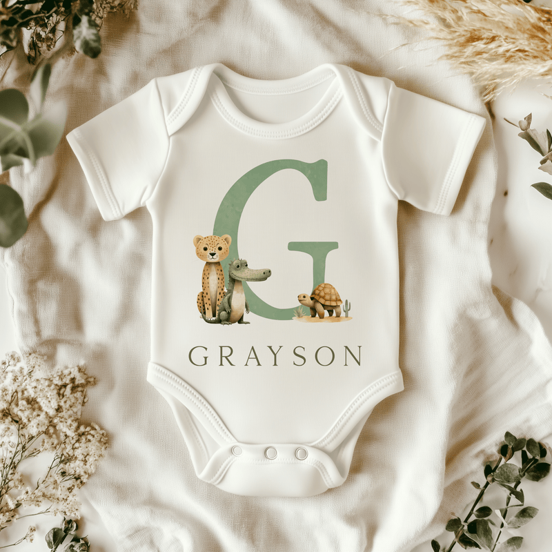 Safari Theme With Initial Personalised Baby Bodysuit - Little Lili Store