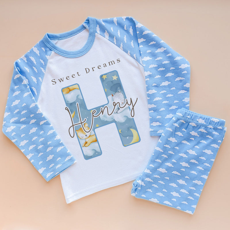 Sweet Dreams Animals Pattern Personalised Name Blue Pyjamas Set - Little Lili Store