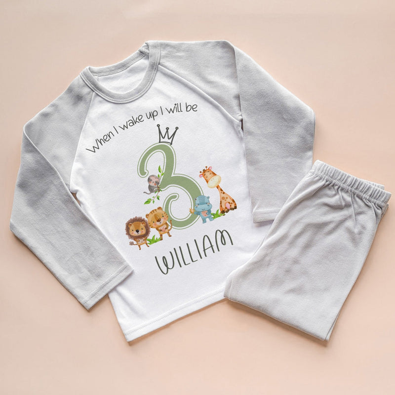 When I Wake Up I Will Be Three Personalised Birthday Safari Animals Pyjamas Set - Little Lili Store