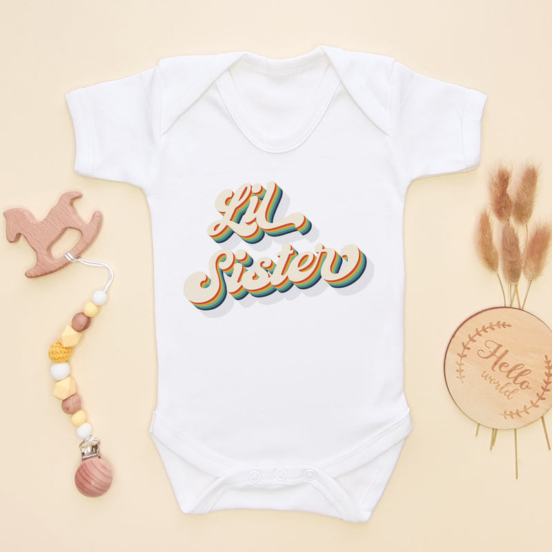 Lil Sister Rainbow Retro Style Baby Bodysuit (6547506888776)