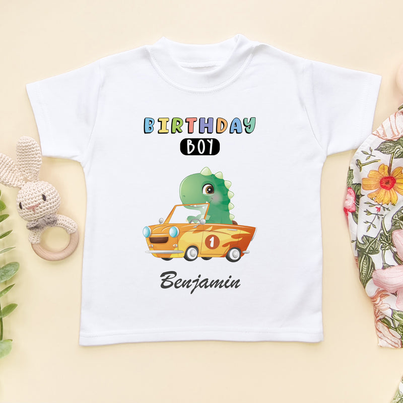 1st Birthday Racing Dino Personalised T Shirt (6564940873800)