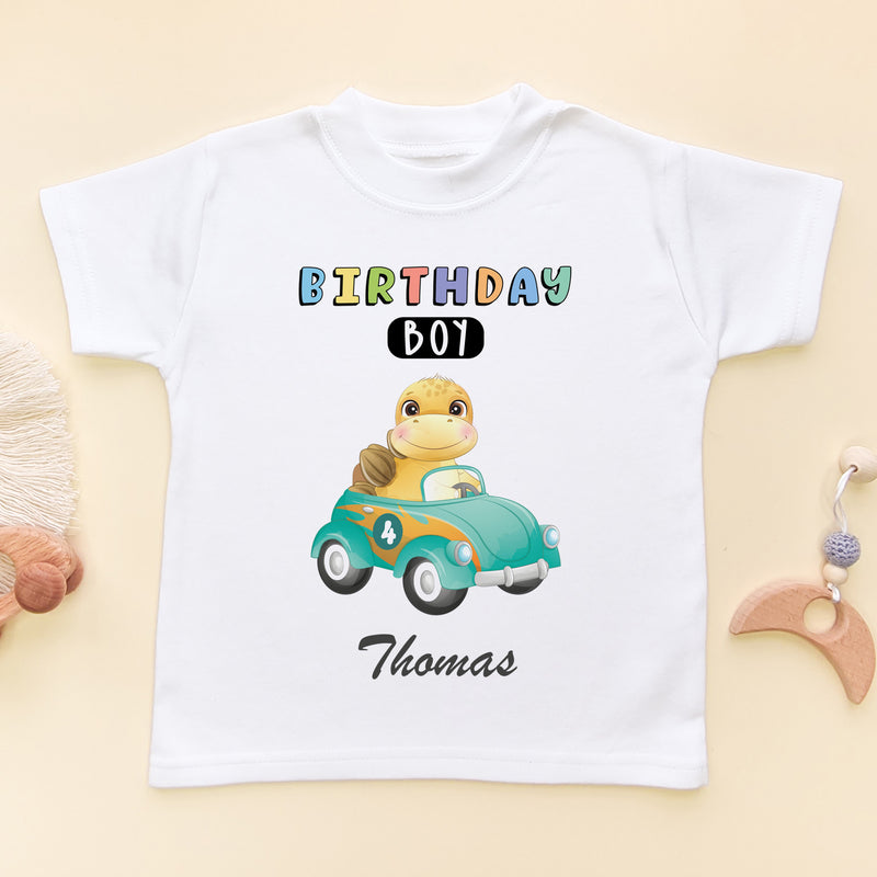 4th Birthday Racing Dino Personalised T Shirt (6564941496392)