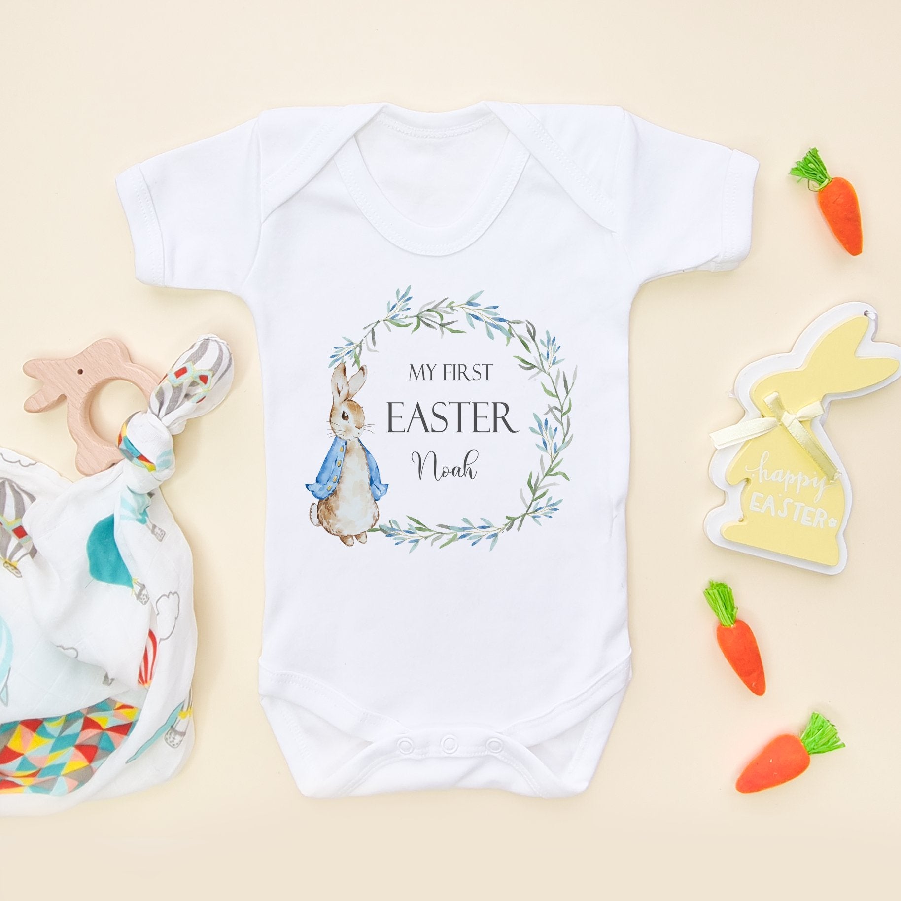 Personalised My First Easter Peter Rabbit Inspired Wreath Boy Baby Bodysuit